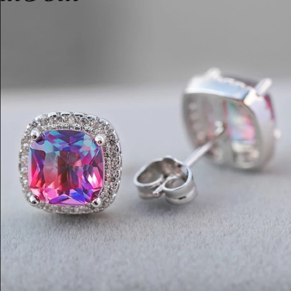 Blue Purple Rainbow Diamond Halo Stud Earrings - Picture 2 of 4